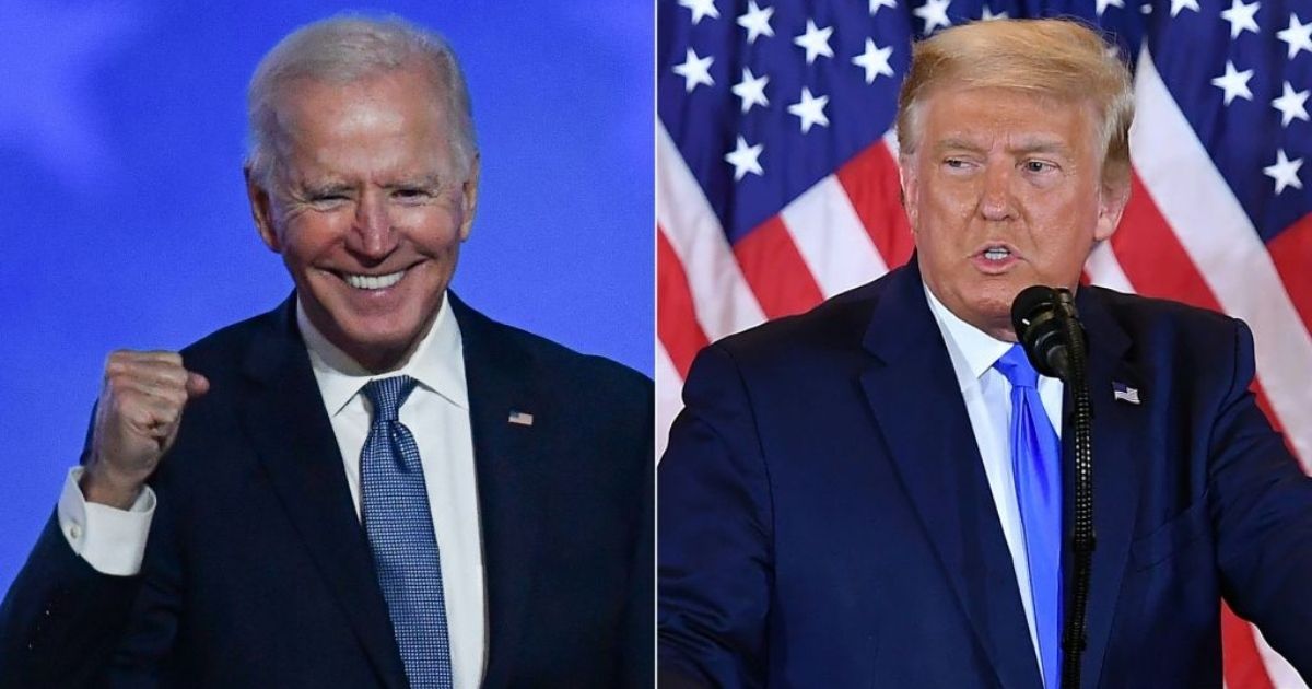 Democratic presidential nominee Joe Biden, left, gestures after speaking during election night at the Chase Center in Wilmington, Delaware, and President Donald Trump speaks during election night in the East Room of the White House in Washington, D.C., on Nov. 4.
