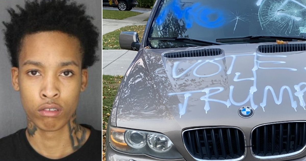 Police say 18-year-old Clifton Eutsey, left, perpetrated a hate crime hoax by spray-painting slogans on his car, right.