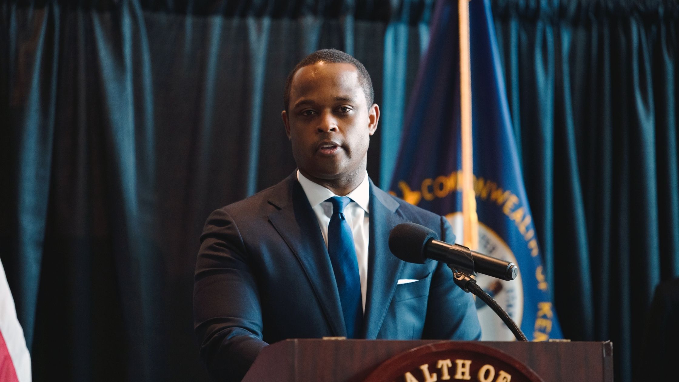 Kentucky Attorney General Daniel Cameron speaks during a press conference to announce a grand jury's decision to indict one of three Louisville Metro Police Department officers involved in the shooting death of Breonna Taylor on Sept. 23 in Frankfort, Kentucky.