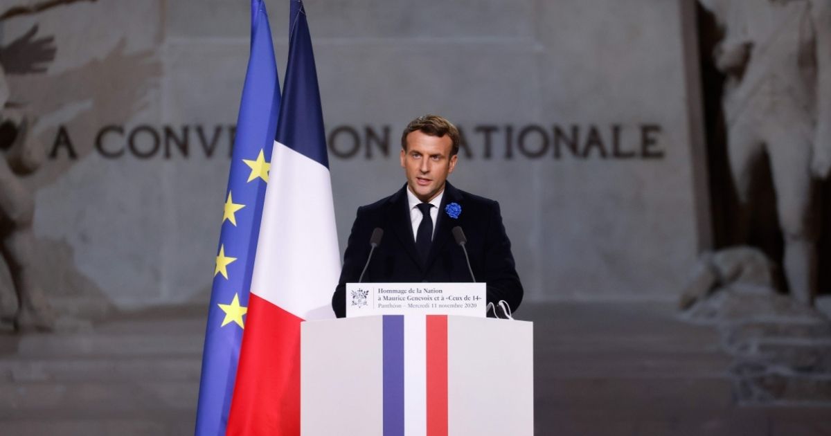 French President Emmanuel Macron delivers a speech inside the Pantheon monument, during a ceremony honouring the World War I soldiers on November 11 in Paris.