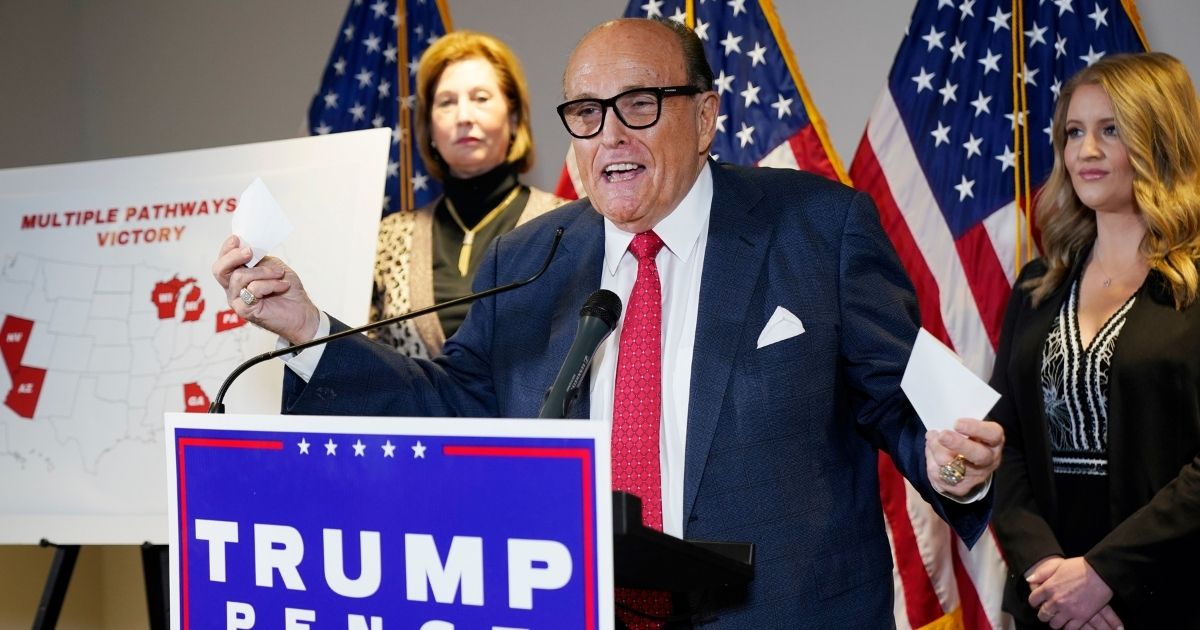 Trump attorney Rudy Giuliani speaks about evidence of irregularities and voter fraud in the Nov. 3 presidential election during a news conference Thursday at the Republican National Committee headquarters in Washington.