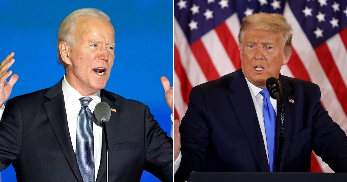 President Donald Trump, right, and Democratic presidential nominee Joe Biden are effectively deadlocked in Michigan and Wisconsin, and Trump holds a sizable lead in Pennsylvania as the states' election officials slowly count ballots.