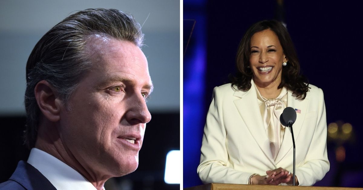 Democratic California Governor Gavin, left, Newsom speaks to the press and Kamala Harris, right, takes the stage in Wilmington, Delaware.