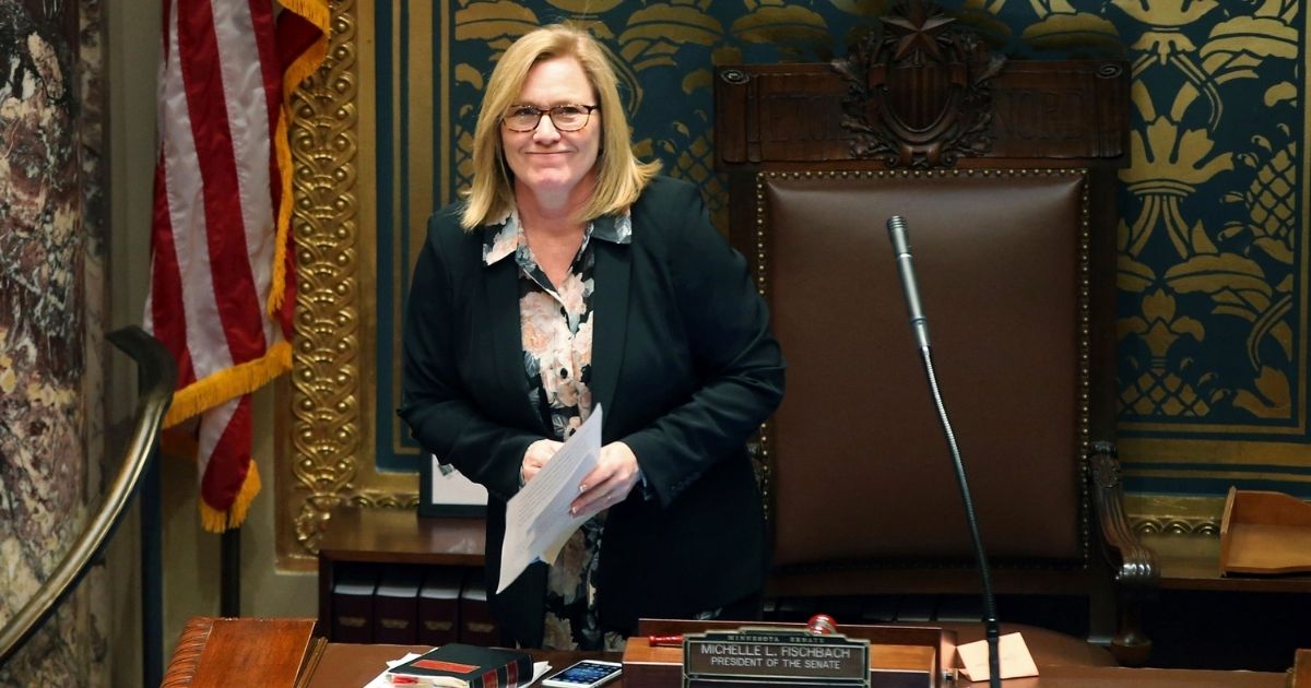 Then-Senate President Michelle Fischbach smiles at photographers in the gallery prior to convening the Minnesota Senate as the 2018 legislative session got underway Feb. 20, 2018, in St. Paul, Minnesota.