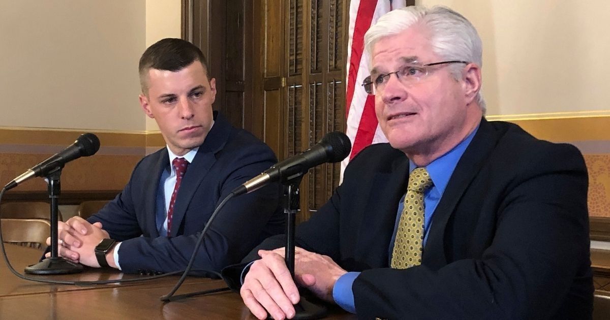 In this Jan. 30 file photo, Senate Majority Leader Mike Shirkey, right, and House Speaker Lee Chatfield speak to the media at the Michigan Capitol in Lansing, Michigan.