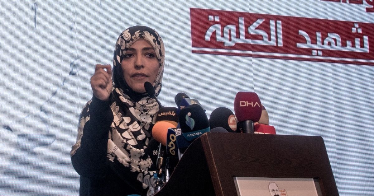 Nobel Prize winner Tawakkol Karman of Yemen speaks on Nov. 11, 2018, in Istanbul, Turkey.