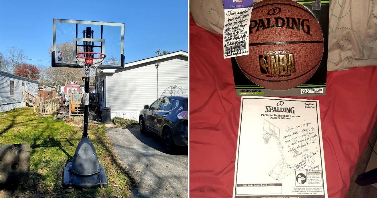 A new basketball hoop, left, and a new ball with the handwritten notes from the good Samaritan who gifted them to the family, right.