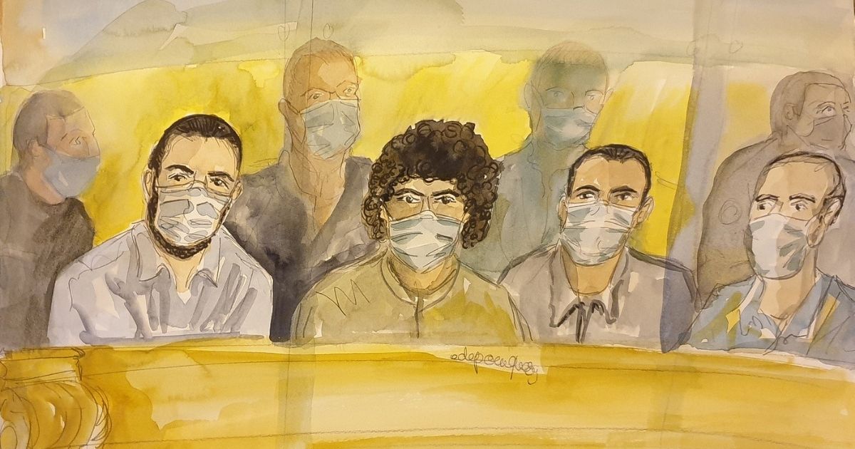 A courtroom sketch made on Nov. 16, 2020, shows, from left to right, Ayoub El Khazzani, Mohamed Bakkali, Bilal Chatra and Redouane El Amrani Ezzerrifi sitting in a courthouse in Paris on Nov. 16, 2020, during the trial for a foiled terror attack in August 2015.