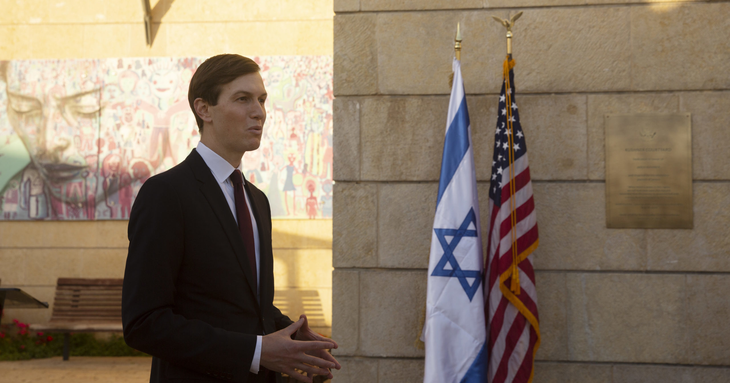 White House senior adviser Jared Kushner speaks to journalists after US Ambassador David Friedman unveiled a plaque at the US Embassy in Israel designating the Kushner Courtyard on Dec. 21, 2020.