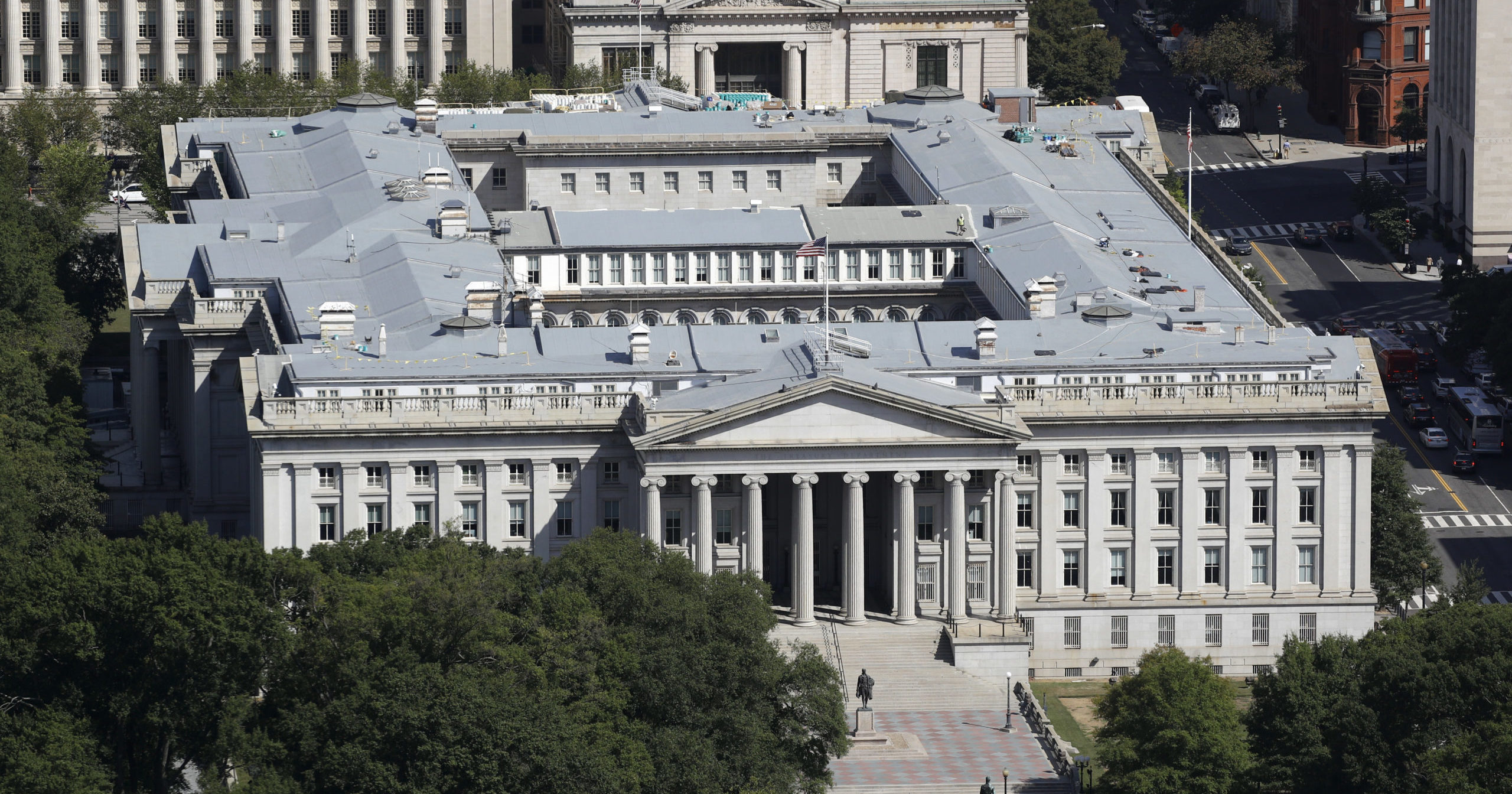 The US Treasury Department building is viewed from the Washington Monument on Sept. 18, 2019, in Washington, D.C.