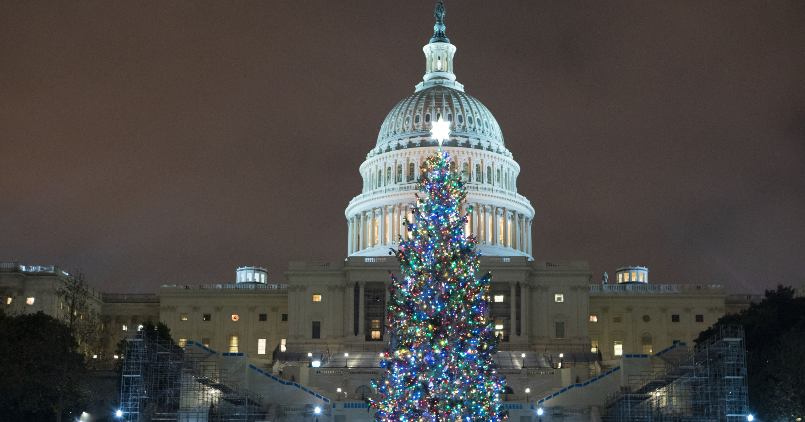 The Christmas tree at the U.S. Capitol in Washington is seen Sunday night after congressional negotiators sealed a $900 billion COVID relief deal.