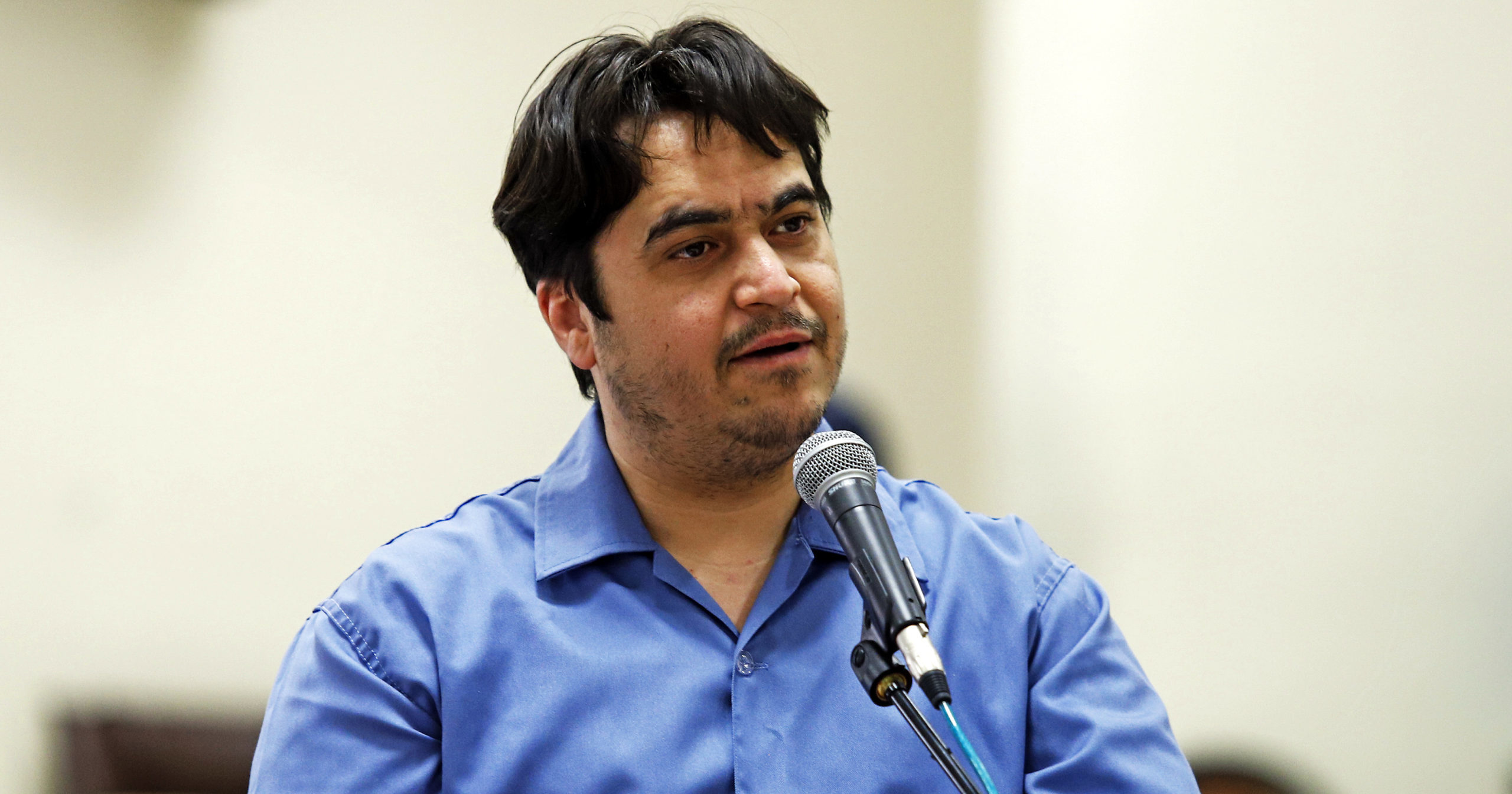 Journalist Ruhollah Zam speaks during his trial at the Revolutionary Court in Tehran, Iran, on June 2, 2020.