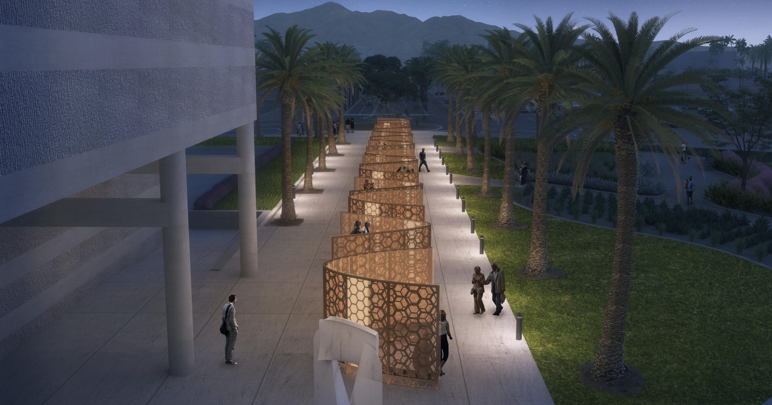 A concept rendering shows a future memorial in honor of the victims of a terrorist attack that killed 14 people at a holiday party in San Bernardino, California. Plans were formally announced on Dec. 2, 2020, to build a "Curtain of Courage" at the site of the shooting.