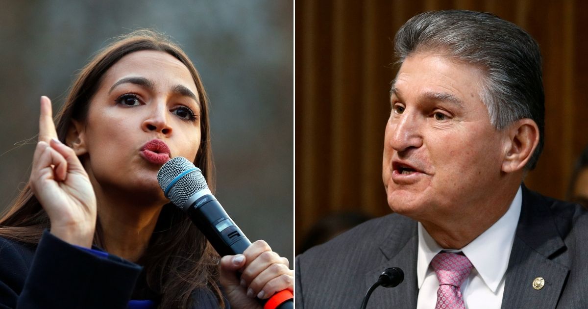 At left, Democratic Rep. Alexandria Ocasio-Cortez of New York speaks in Ann Arbor, Michigan, on March 8. At right, Democratic Sen. Joe Manchin of West Virginia speaks Dec. 19, 2019, during a hearing on Capitol Hill in Washington.