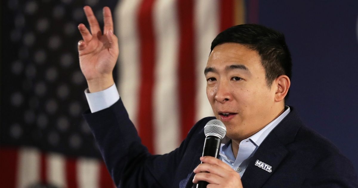 Then-Democratic presidential candidate Andrew Yang speaks during a campaign event at the Ideal Social Hall on Jan. 30, 2020, in Cedar Rapids, Iowa.