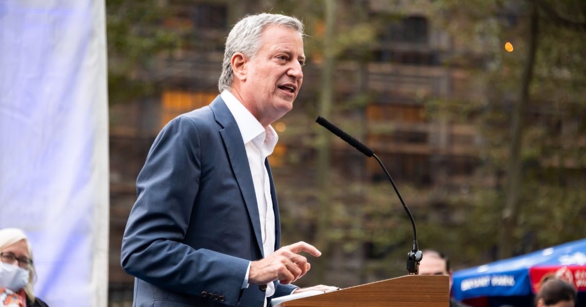 Mayor of New York City Bill de Blasio speaks at the Bank of America 'Winter Village' at Bryant Park as it opens to the public on November 05, 2020, in New York City.