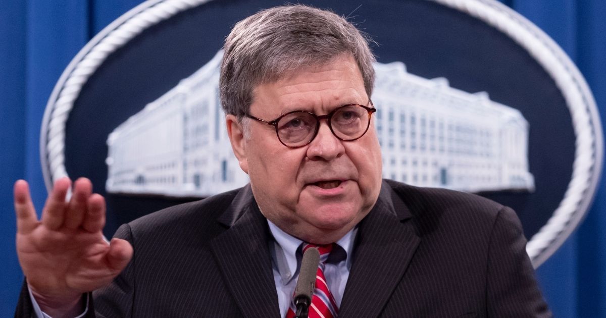 Attorney General Bill Barr speaks during a news conference Monday at the Department of Justice in Washington.