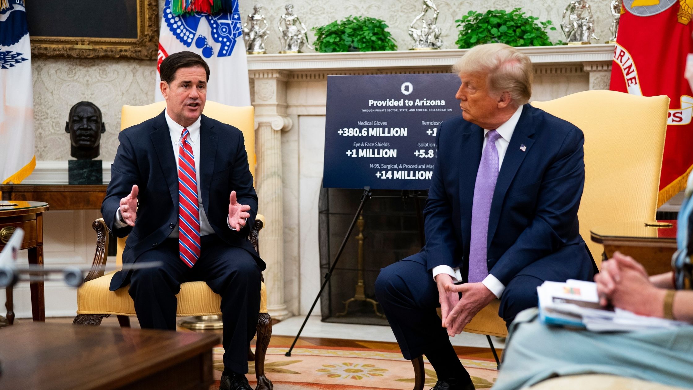 President Donald Trump meets with Arizona Governor Doug Ducey (L) in the Oval Office of the White House on August 5, 2020 in Washington, D.C.