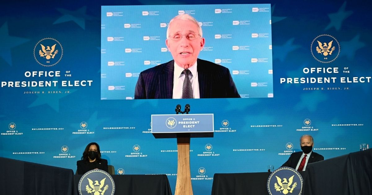 Anthony Fauci, director of the National Institute for Allergy and Infectious Diseases, speaks on screen after presumptive President-elect Joe Biden, right, announced his team tasked with dealing with the COVID-19 pandemic at the Queen Theater in Wilmington, Delaware on Dec. 8.