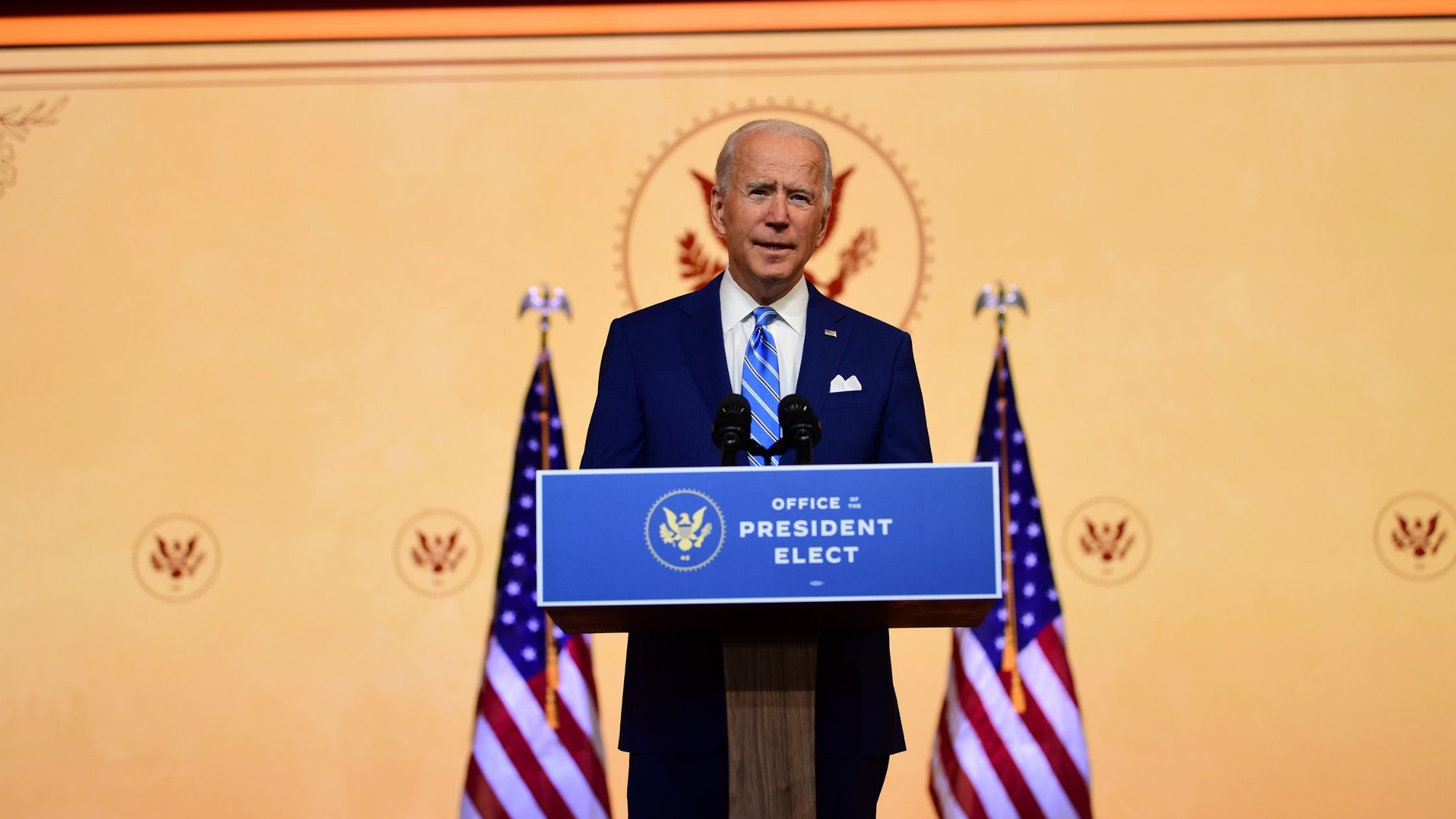 Presumed President-elect Joe Biden delivers a Thanksgiving address at the Queen Theatre on November 25, 2020 in Wilmington, Delaware.