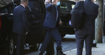 U.S. presumptive President-elect Joe Biden waves as he arrives for a virtual roundtable with workers and small business owners at The Queen Theatre on December 2, 2020, in Wilmington, Delaware.