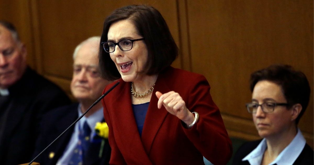 Oregon Gov. Kate Brown delivers her inaugural speech in the Capitol House chambers on Jan. 9, 2017, in Salem, Oregon.