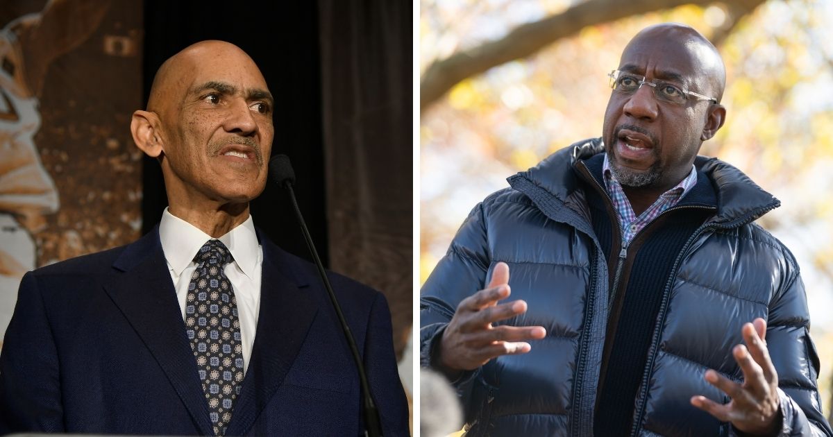 Tony Dungy, left, tweeted criticism at Democratic Sen. candidate Raphael Warnock, right, in regards to his stance of being pro-abortion.