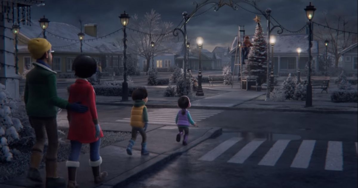 Sam and her family crossing a street during Chick-fil-A's newest Christmas video, 'The Spark.'