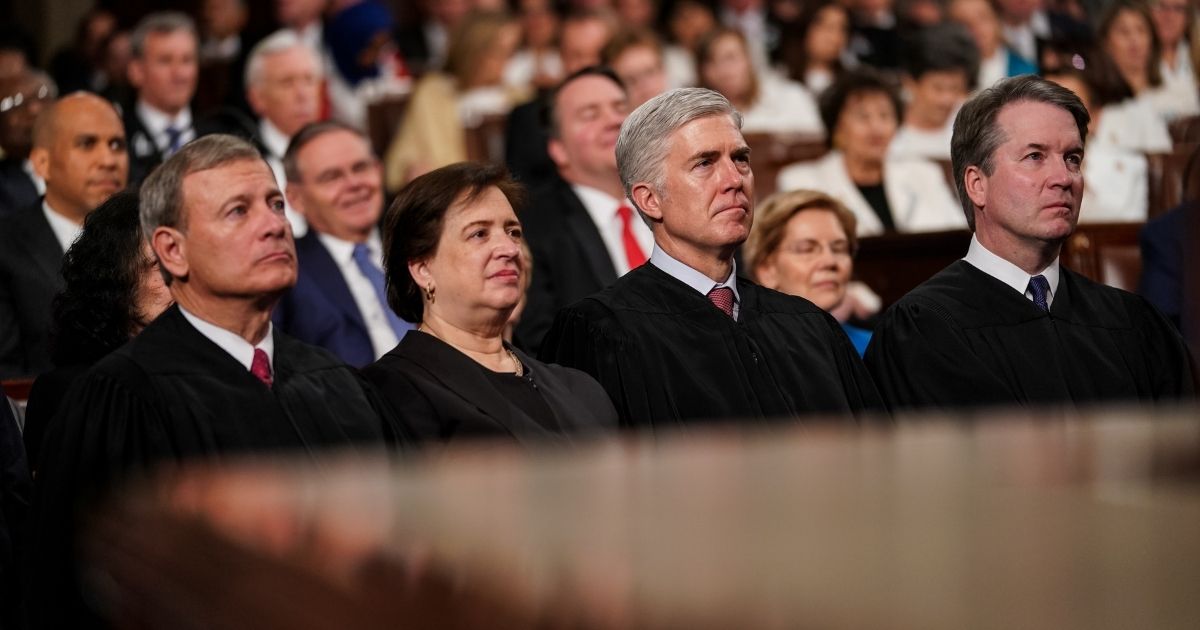 Supreme Court Justices (left to right) John Roberts, Elena Kagan, Neil Gorsuch and Brett Kavanaugh attend the State of the Union address in the chamber of the U.S. House of Representatives at the U.S. Capitol Building on Feb. 5, 2019, in Washington, D.C.