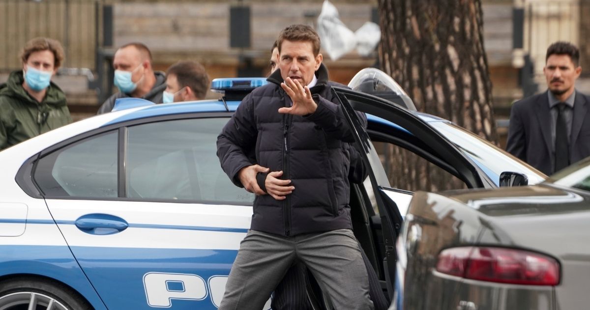Actor Tom Cruise performs during the shooting of "Mission Impossible 7" in Rome on Oct. 12.