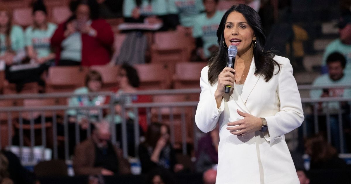 Hawaii Democratic Rep. Tulsi Gabbard speaks during the McIntyre-Shaheen 100 Club Dinner on Feb. 8, 2020, in Manchester, New Hampshire.