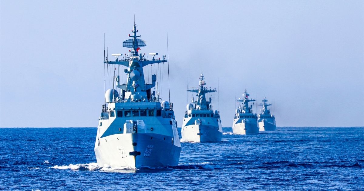 The frigate Enshi (Hull 627), Yongzhou (Hull 628), Bazhong (Hull 625), and Wuzhou (Hull 626) steam in formation during a 9-day maritime training exercise in waters of the South China Sea in late November, 2020.