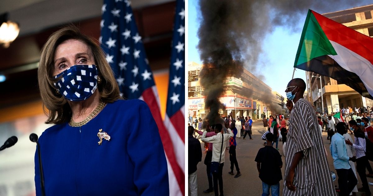 House Speaker Nancy Pelosi, left; a demonstrator in Khartoum, Sudan, right.