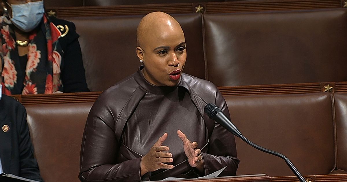U.S. Rep. Ayanna Pressley of Massachusetts speaks on the House floor in a file photo from April.