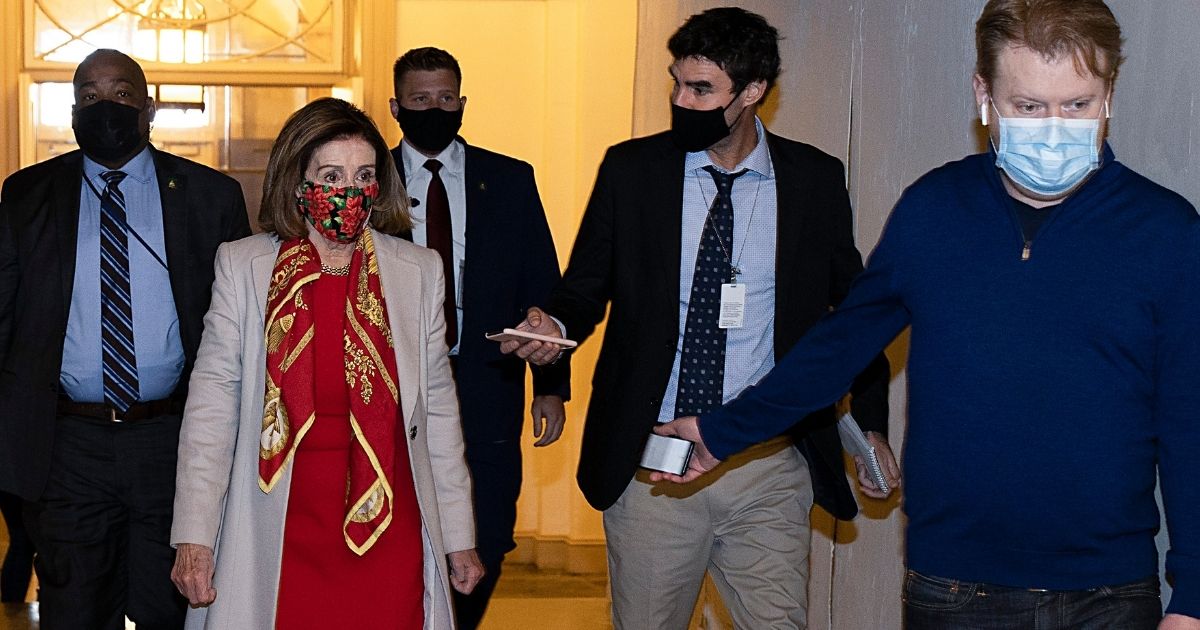 House Speaker Nancy Pelosi, pictured being interviewed in a Capitol hallway on Sunday.
