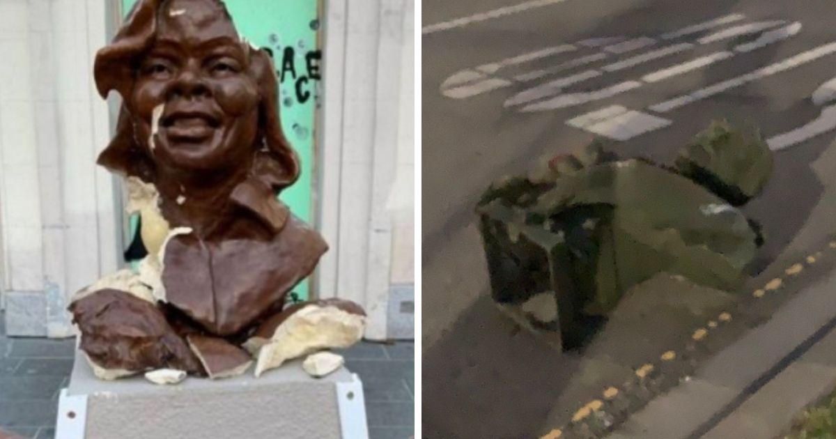 The badly damaged bust of Breonna Taylor in Oakland, left; the topped statue of former President Ulysses S. Grant, right, in San Francisco's Golden Gate Park in June.