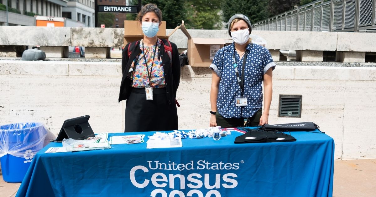 Census workers stand outside the Lincoln Center for the Performing Arts on Sept. 24, 2020, in New York City.