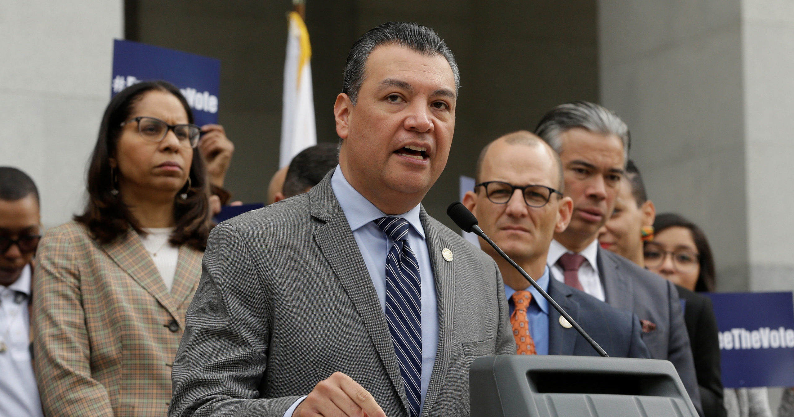 California Secretary of State Alex Padilla speaks during a news conference on Jan. 28, 2019, in Sacramento, California.