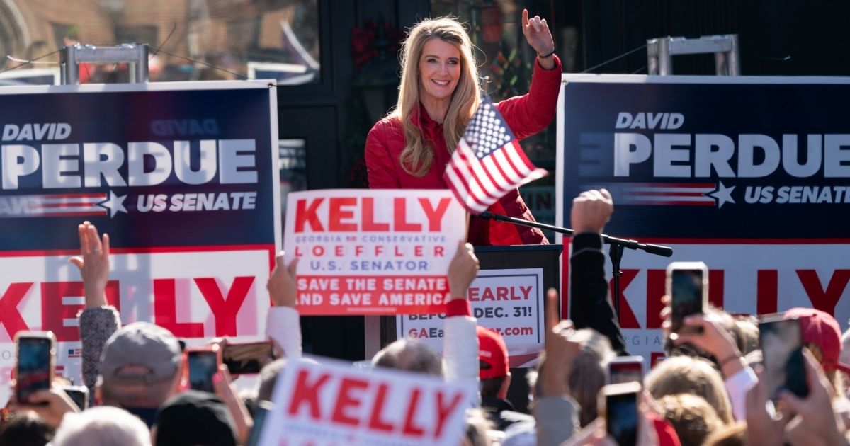 Sen. Kelly Loeffler speaks at a campaign event attended by Ivanka Trump and Sen. David Perdue on Dec. 21, 2020, in Milton, Georgia.