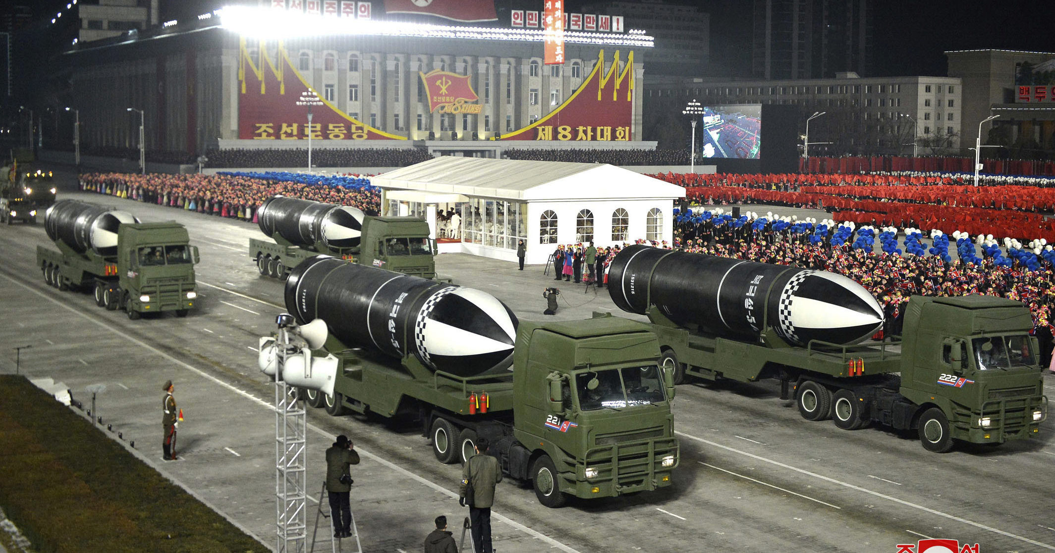 This photo provided by the North Korean government shows missiles during a military parade at Kim Il Sung Square in Pyongyang, North Korea, on Jan. 14, 2021.