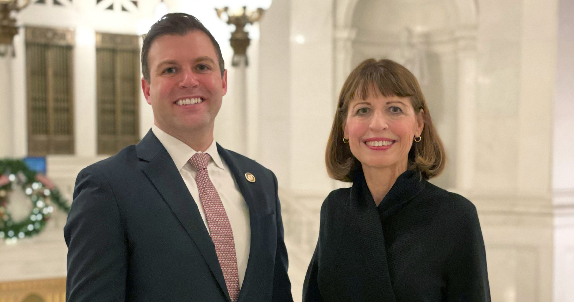 Republican Rep. Ryan Mackenzie, left, and his mother Milou Mackenzie pose at the Capitol on Jan. 5, 2021, in Harrisburg, Pennsylvania.