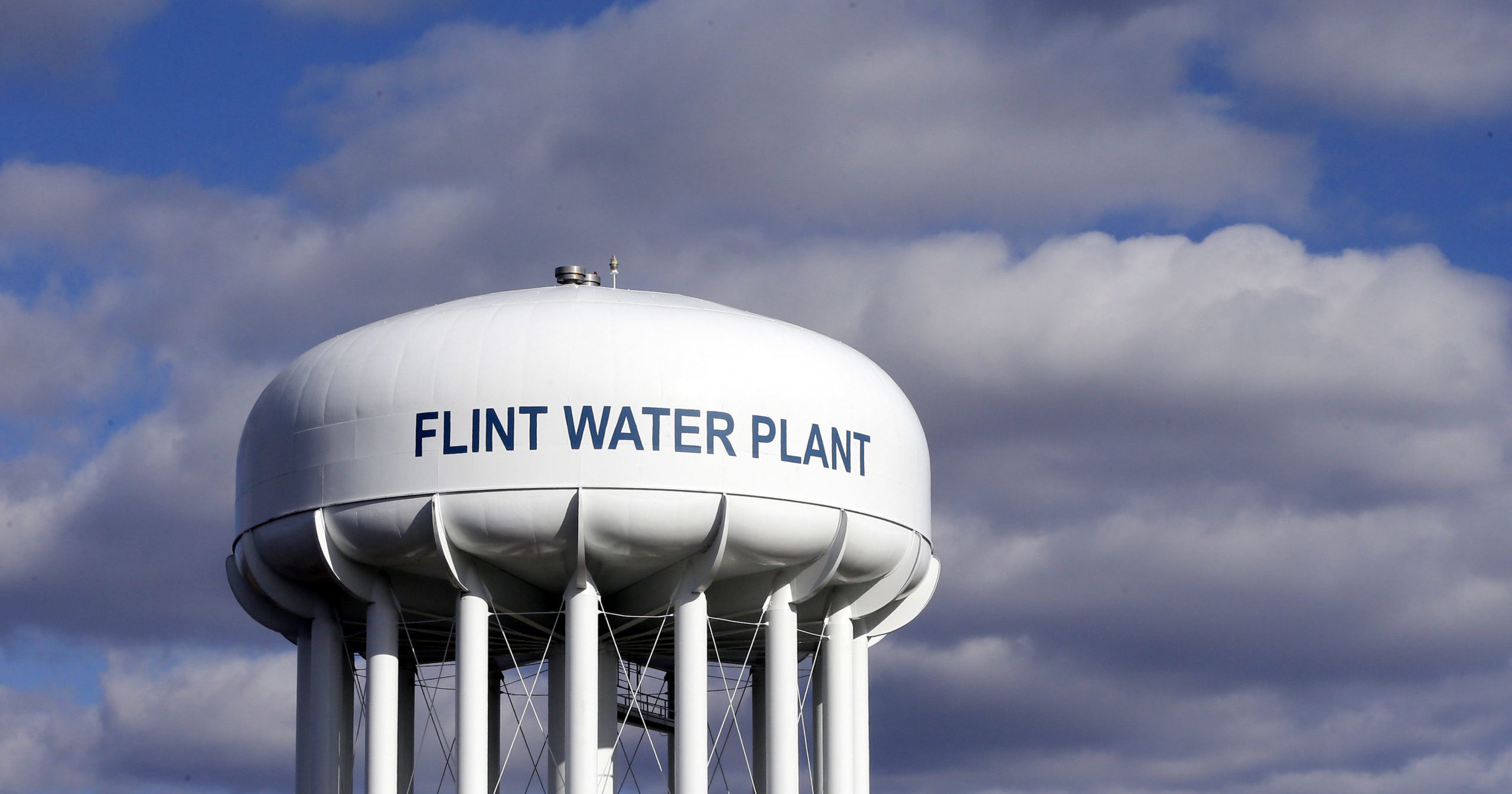 The Flint Water Plant water tower is seen in Flint, Michigan, on March 21, 2016.