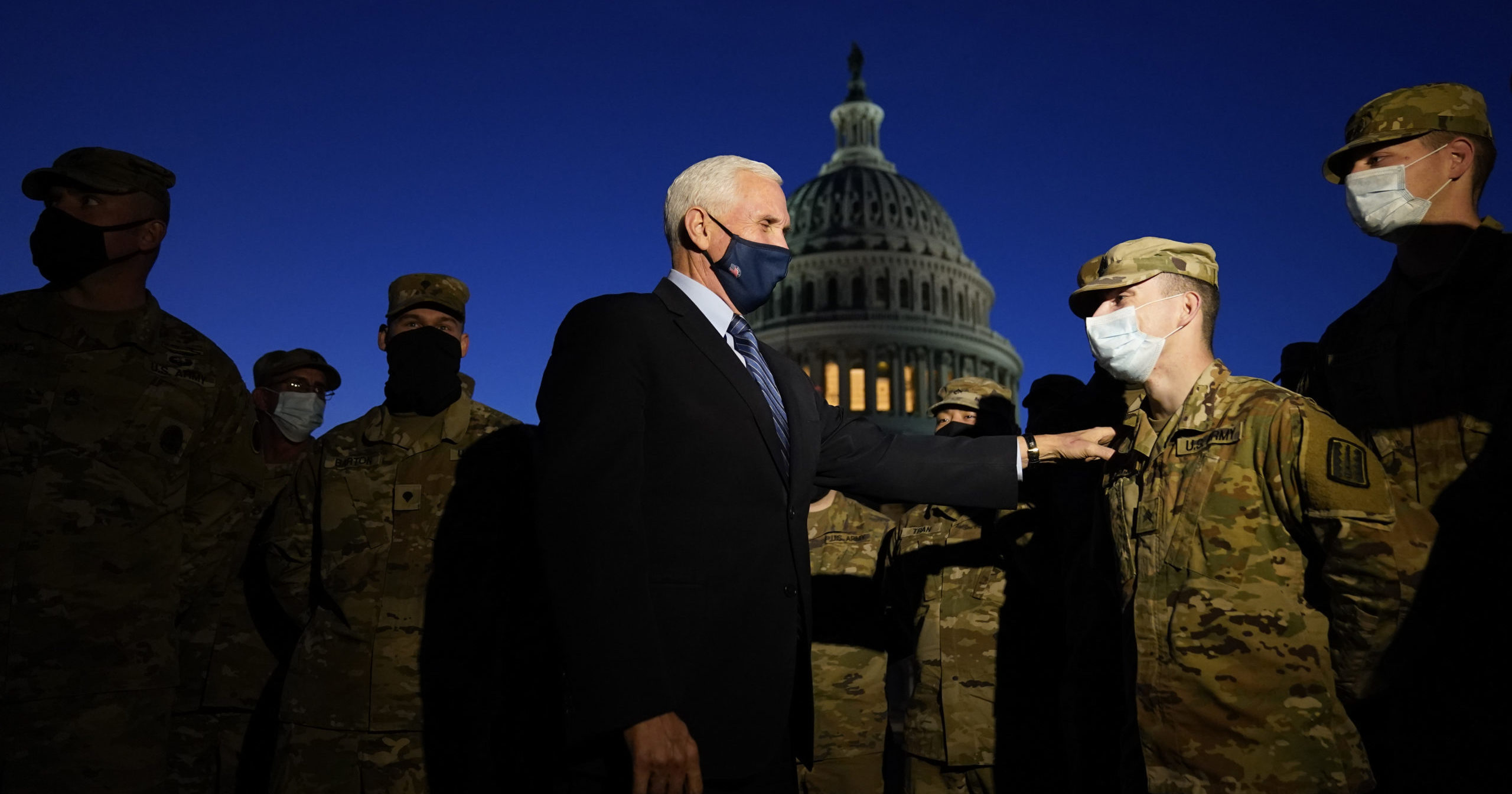 Vice President Mike Pence speaks to National Guard troops outside the U.S. Capitol on Jan. 14, 2021, in Washington, D.C.