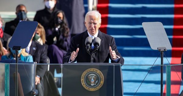 President Joe Biden delivers his inaugural address in front of the Capitol in Washington on Jan. 20, 2021.