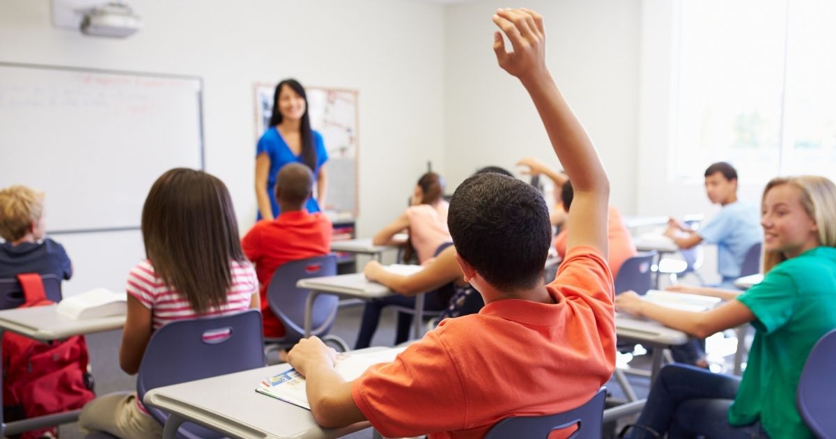 A student raises his hand in class in the stock image above.