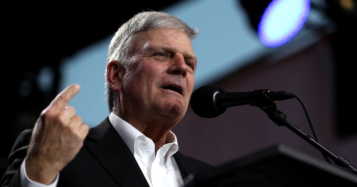 Rev. Franklin Graham speaks during his "Decision America" California tour at the Stanislaus County Fairgrounds on May 29, 2018, in Turlock, California.