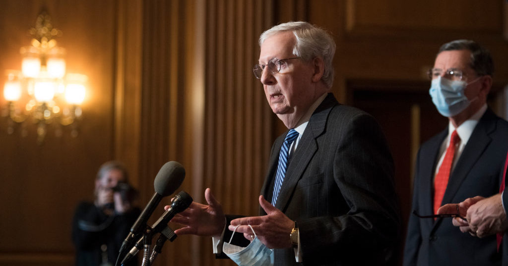 Senate Majority Leader Mitch McConnell speaks during a news conference following the weekly meeting with the Senate Republican caucus at the U.S. Capitol on December 15, 2020 in Washington, DC.