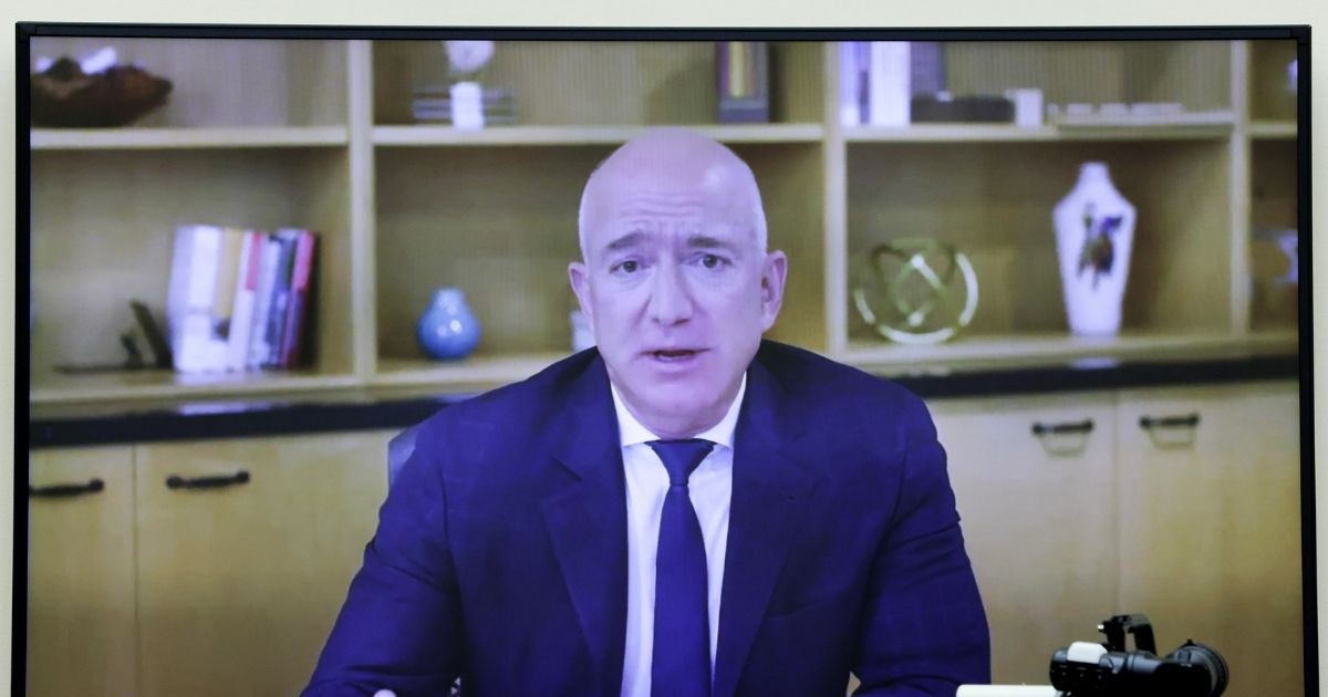 Amazon CEO Jeff Bezos testifies via video conference during the House Judiciary Subcommittee on Antitrust, Commercial and Administrative Law hearing on Online Platforms and Market Power in the Rayburn House office Building, July 29, 2020, on Capitol Hill in Washington, D.C.