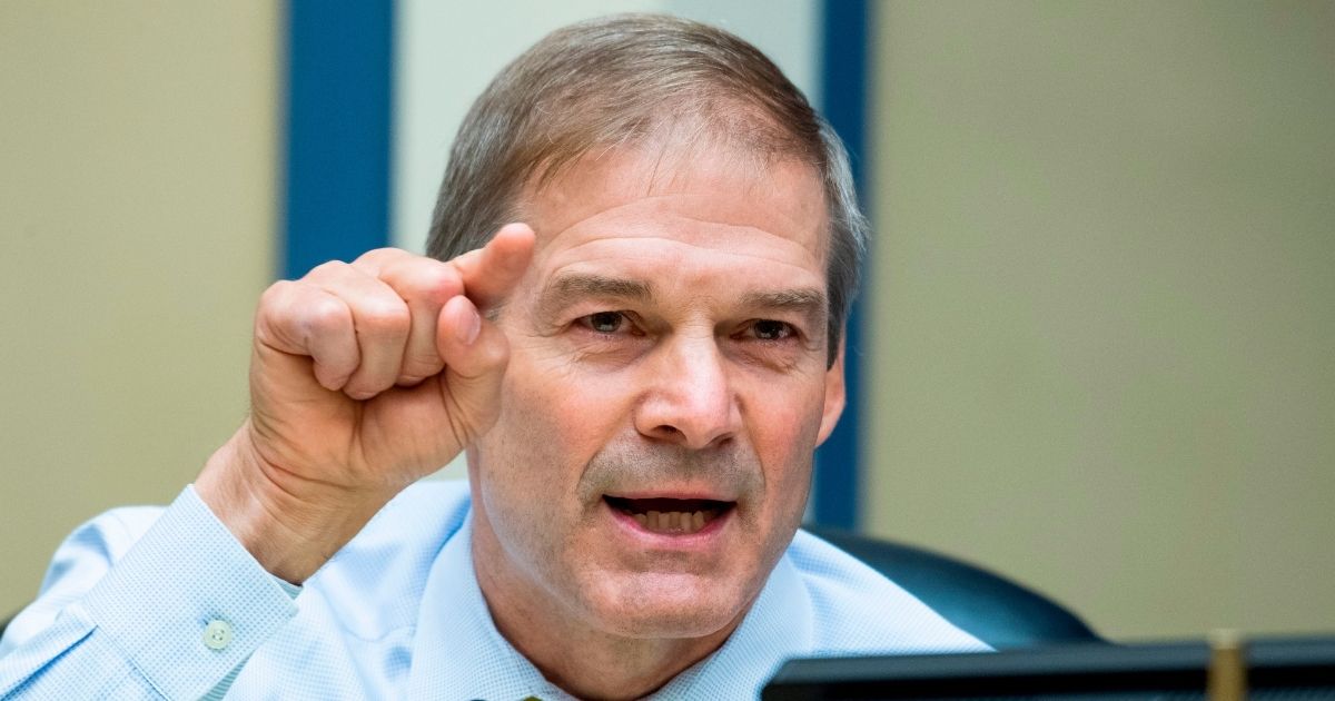 Republican Rep. Jim Jordan of Ohio questions Postmaster General Louis DeJoy as he testifies during a House Oversight and Reform Committee hearing on slowdowns at the Postal Service ahead of the November elections on Capitol Hill in Washington, D.C., on Aug. 24, 2020.