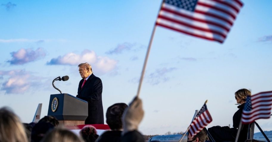 President Donald Trump speaks to supporters at Joint Base Andrews before boarding Air Force One for his last time as President on Jan. 20, 2021, in Joint Base Andrews, Maryland.